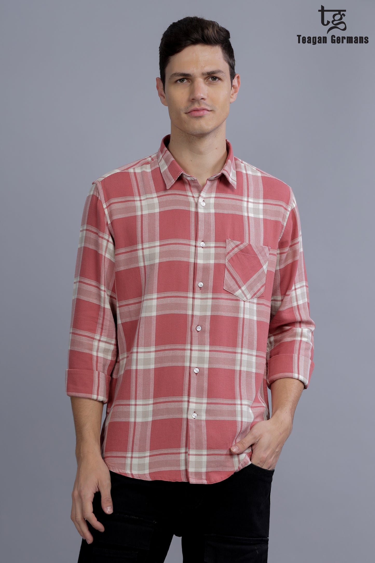 Men Red Short Sleeve Check Casual Shirt - Red