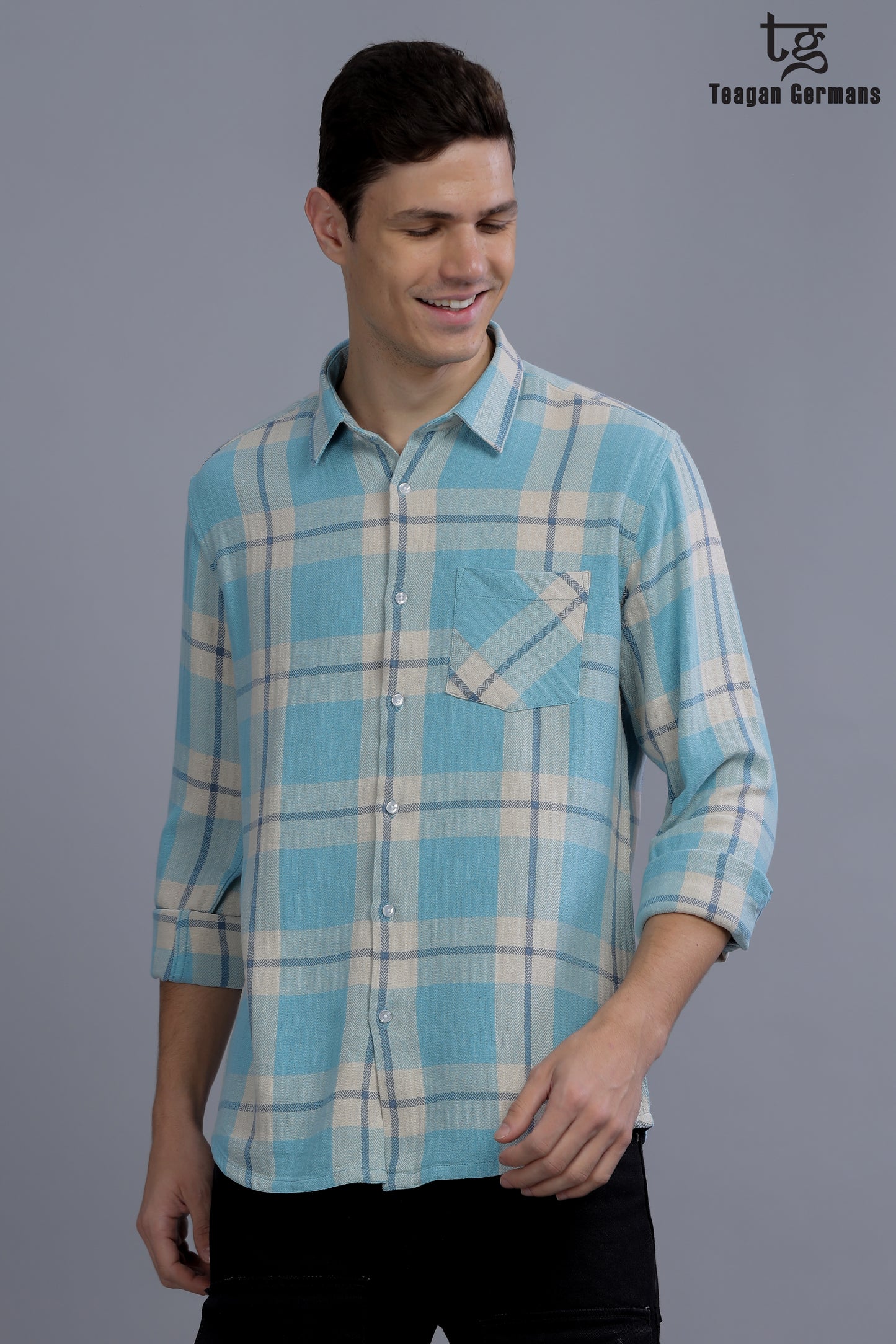 Men blue Short Sleeve Check Casual Shirt