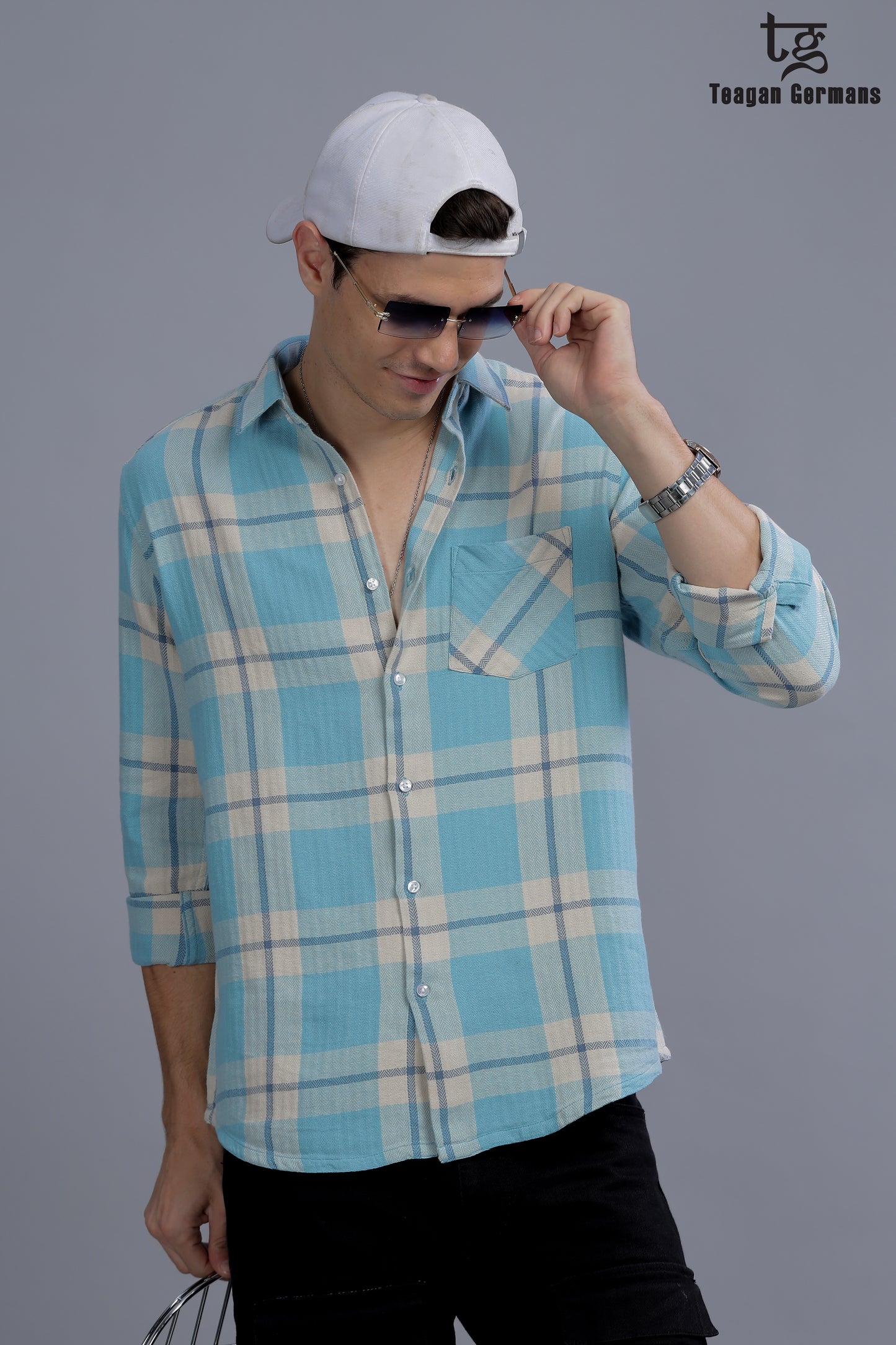 Men blue Short Sleeve Check Casual Shirt