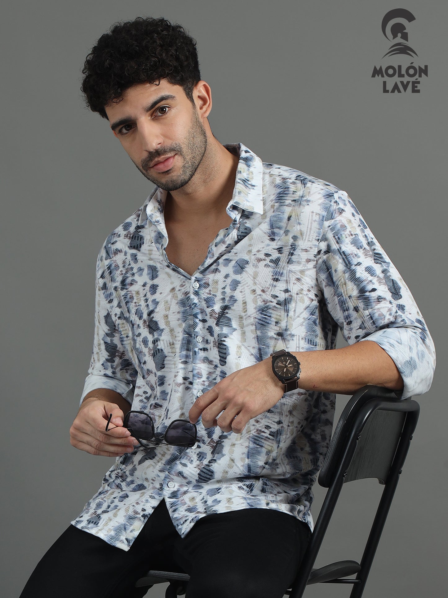 Semi-Casual fit knitted brasso Shirt for Men | Marcus White Minimalistic/Abstract Print Shirt