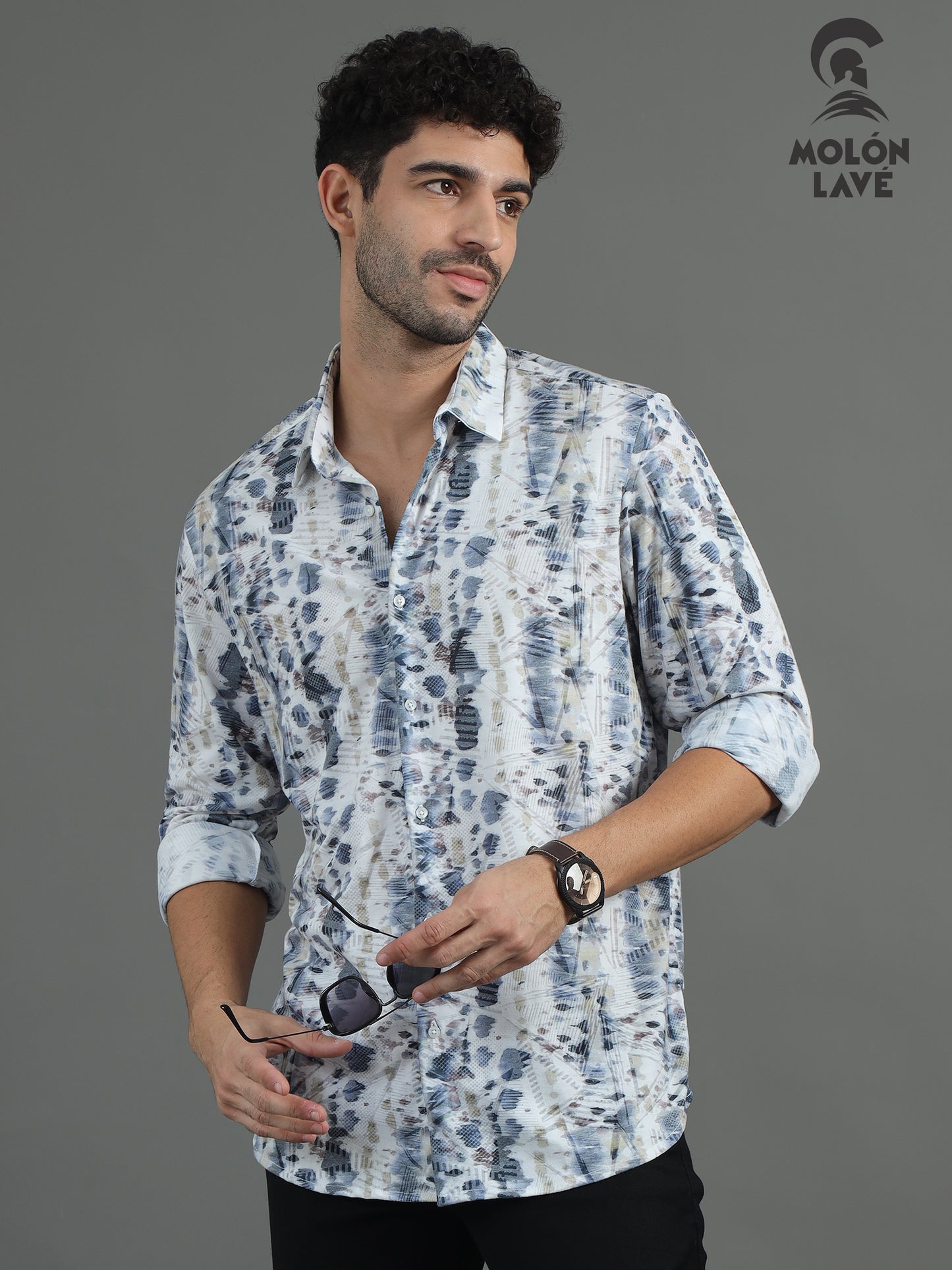 Semi-Casual fit knitted brasso Shirt for Men | Marcus White Minimalistic/Abstract Print Shirt