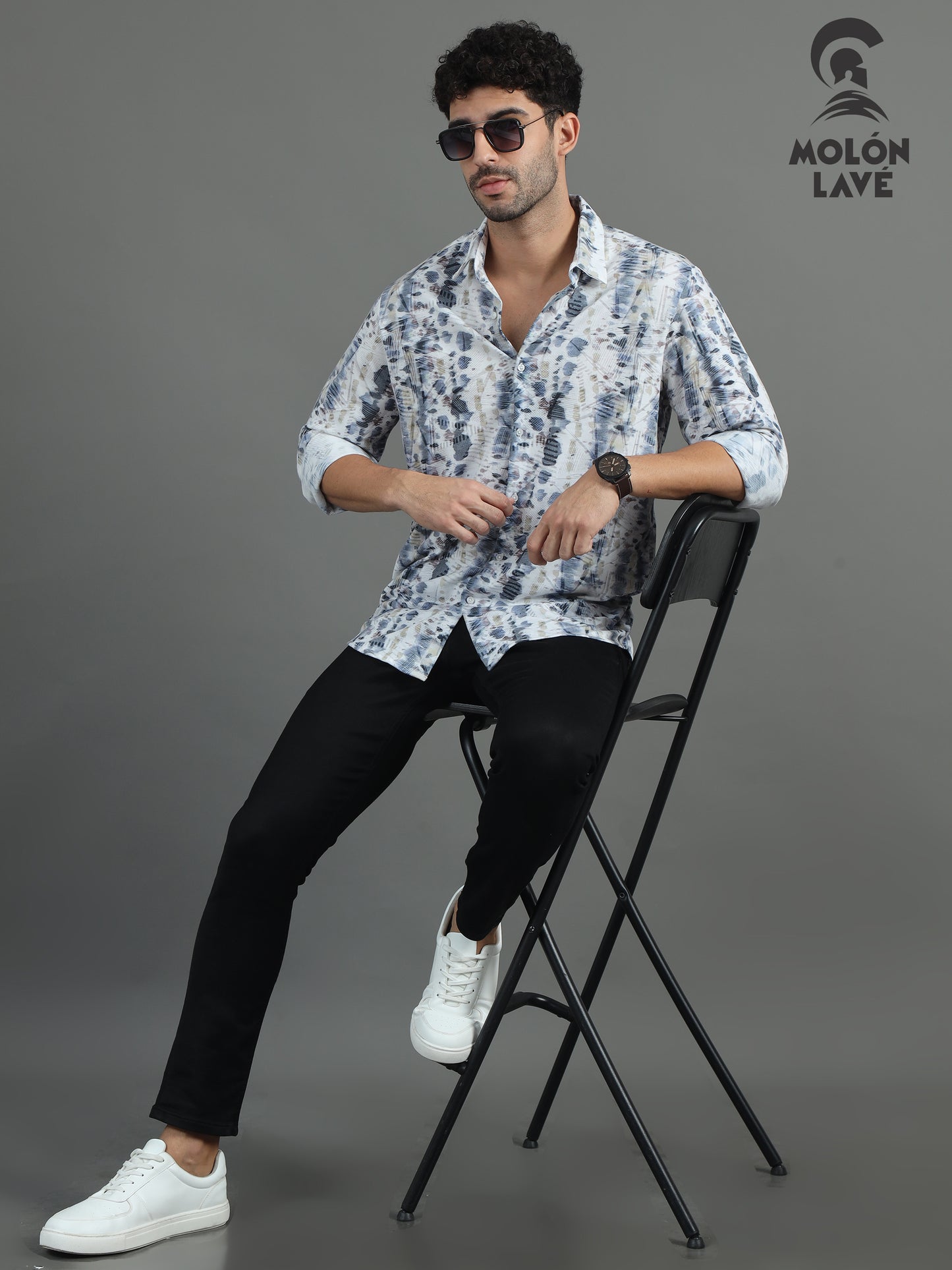 Semi-Casual fit knitted brasso Shirt for Men | Marcus White Minimalistic/Abstract Print Shirt