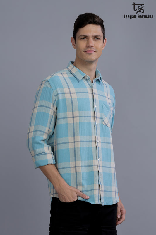 Men blue Short Sleeve Check Casual Shirt