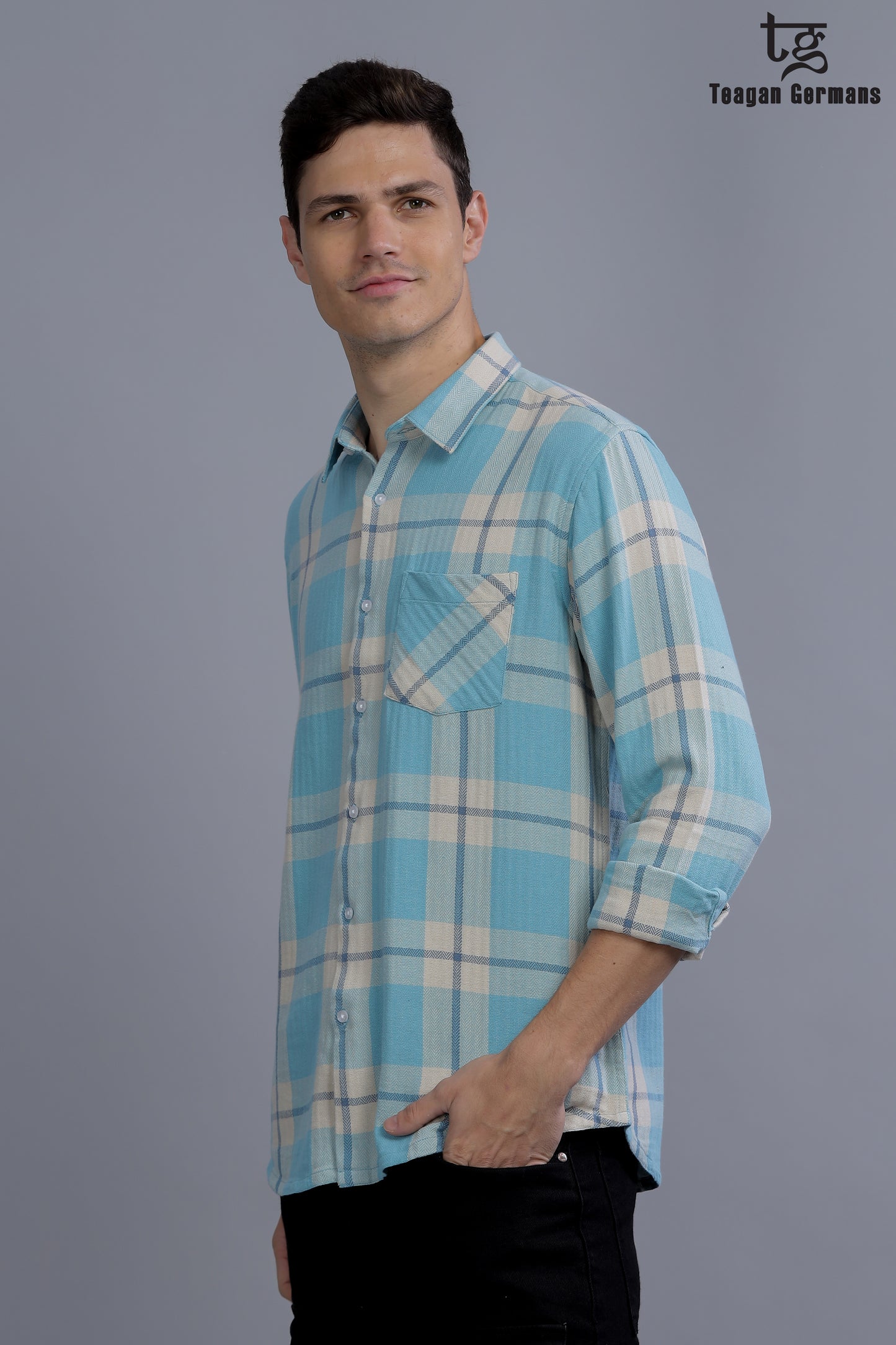 Men blue Short Sleeve Check Casual Shirt