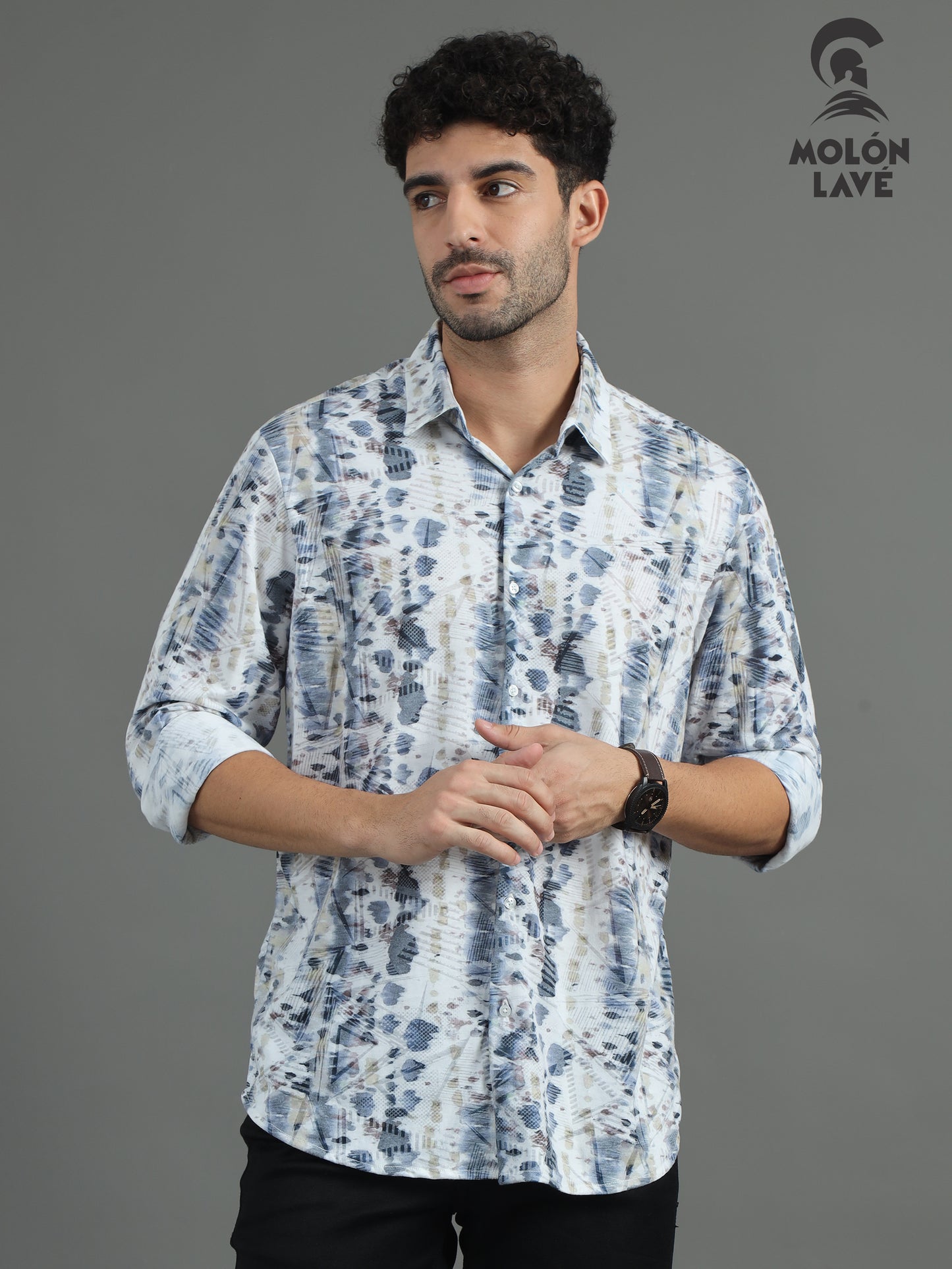 Semi-Casual fit knitted brasso Shirt for Men | Marcus White Minimalistic/Abstract Print Shirt